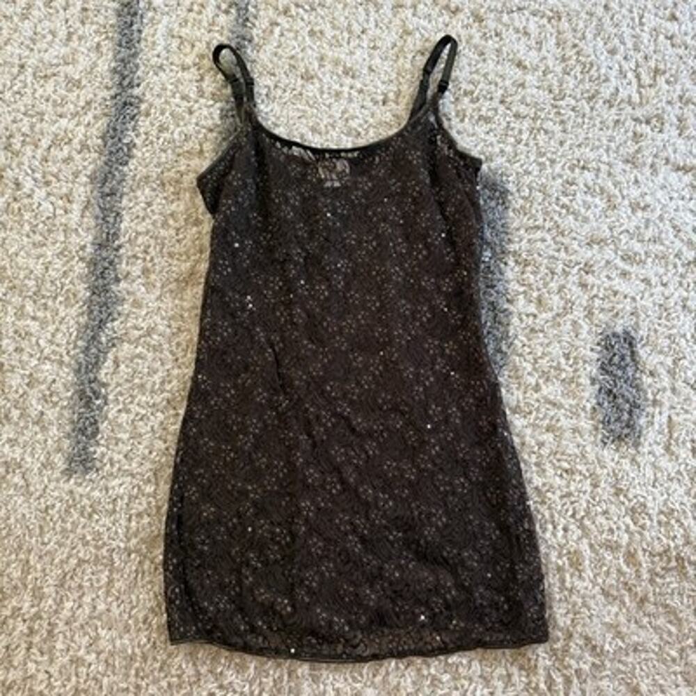 Y2K Daytrip Chocolate Brown Lace Cami Tank Top Coquette Layering Sequin Medium